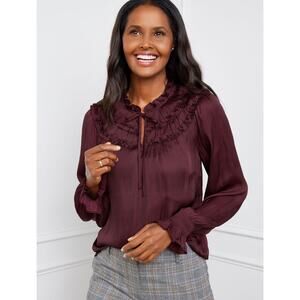 Talbots Petite Medium Shirred Satin Tie Neck Wine Top